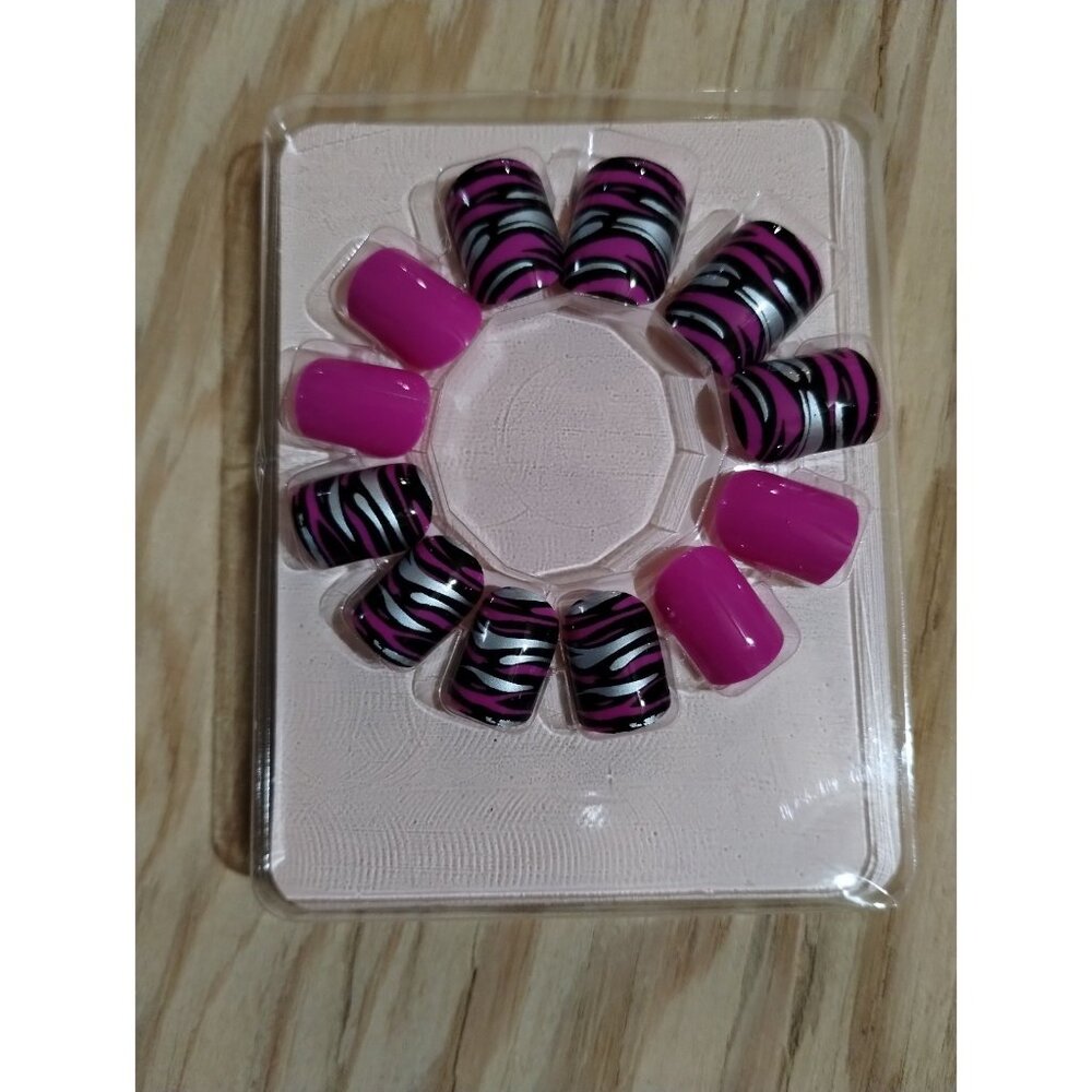 Pink Black Stripe Short False Nails Press On Quick Mani No Glue Needed